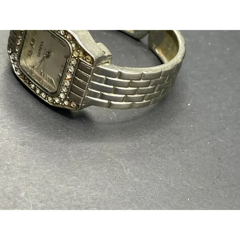 Geneva Classy Rhinestones Bezel Silver Tone Cuff Band Wristwatch Water Resistant
